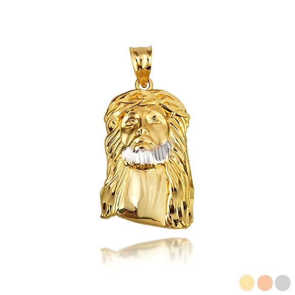 Solid 10k Gold Two Tone Jesus Christ Head Diamond Cut Pendant